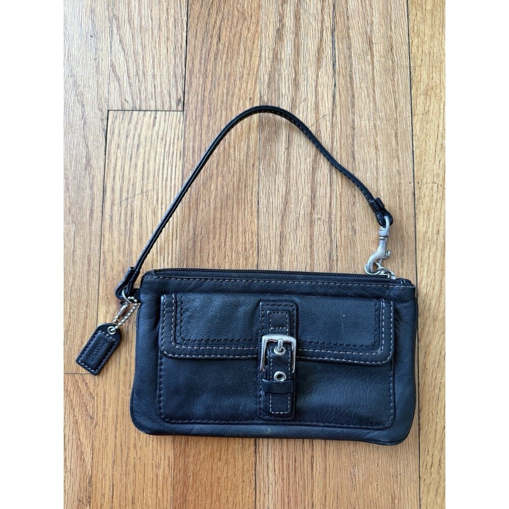 Coach Single Strap Zip Top Pocket Front Wristlet‎ Handbag Black Leather Y2k